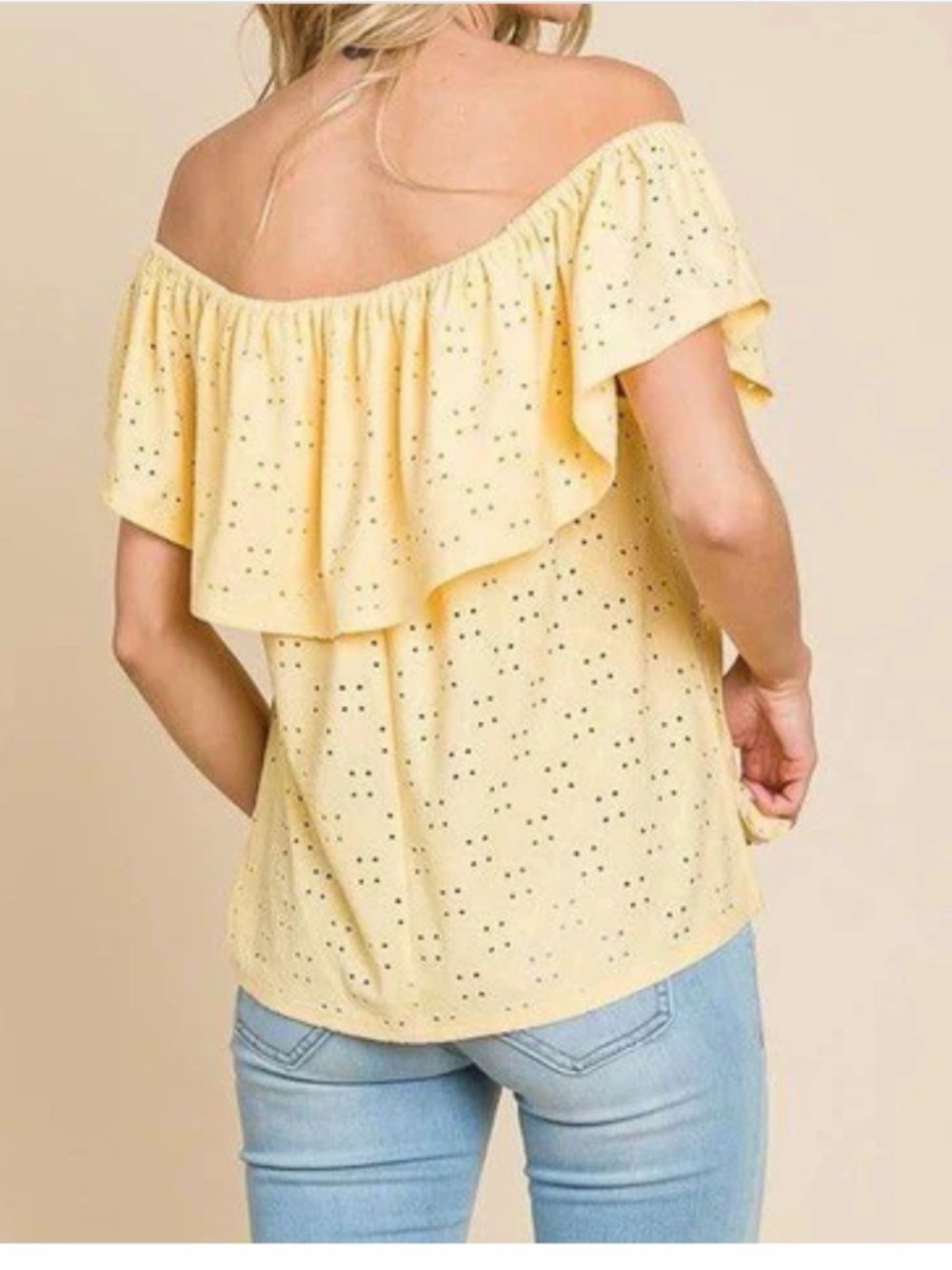 Off-Shoulder Eyelet Ruffle Top in Soft Yellow - Picture 2 of 3